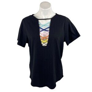 Bibi Women Medium Black T Shirt Colorful Cross Weave V Neck NWT